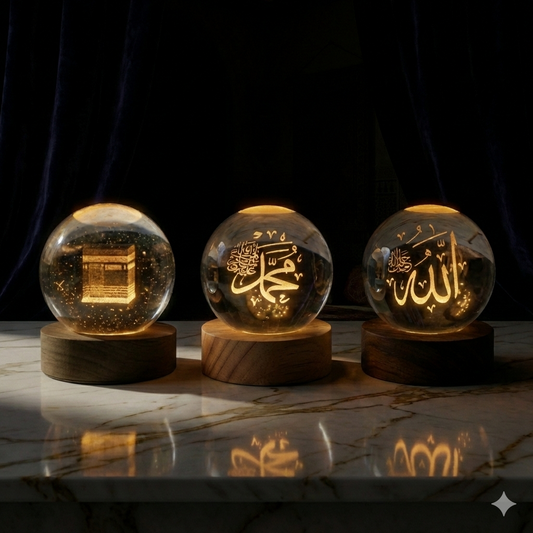 (Pack of 3) Islamic Crystal Ball Lamp – Allah & Muhammad (SAW) Or Kaba SharifEngraved | Premium Noor Light