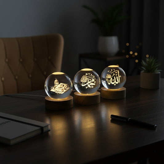 (Pack of 3) Islamic Crystal Ball Lamp – Allah,Muhammad (SAW) & Quran Engraved | Premium Noor Light