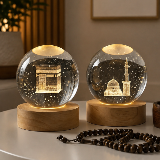 (Pack of 2) Islamic Crystal Ball Lamp – Kaba sharif & Mdina Shrif Engraved | Premium Noor Light