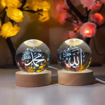 Islamic Crystal Ball Lamp – Allah & Muhammad (SAW) Engraved | Premium Noor Light (Pack of 2)