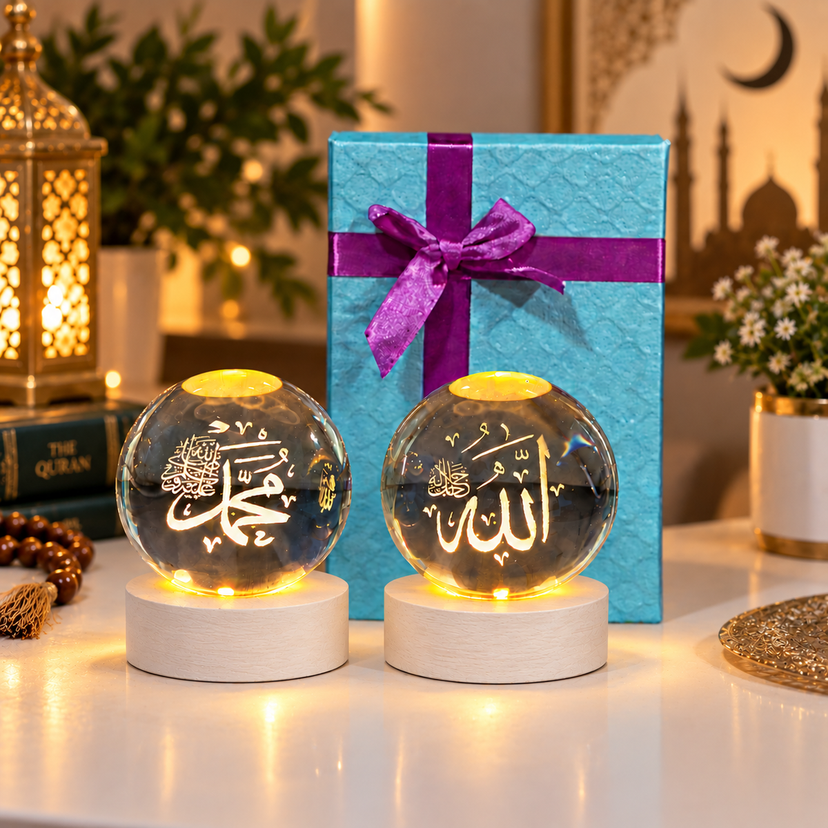 (Pack of 2) Islamic Crystal Ball Lamp – Allah & Muhammad (SAW) Engraved | Premium Noor Light
