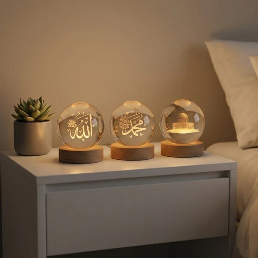 Islamic Crystal Ball Lamp – Allah, Muhammad (SAW) & Al Aqsa Engraved | Premium Noor Light (Pack of 3)