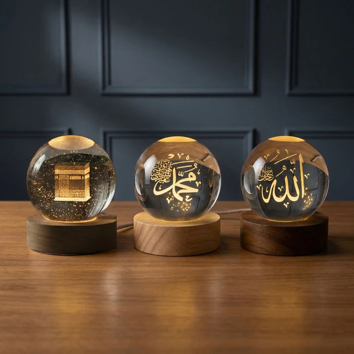 Islamic Crystal Ball Lamp – Allah, Muhammad (SAW) & Kaaba Engraved | Premium Noor Light (Pack of 3)