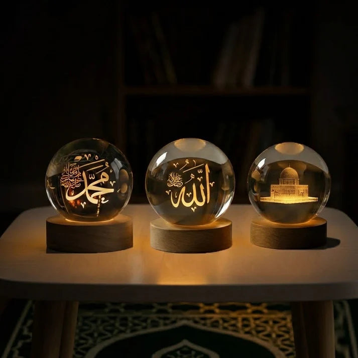 Islamic Crystal Ball Lamp – Allah, Muhammad (SAW) & Al Aqsa Engraved | Premium Noor Light (Pack of 3)