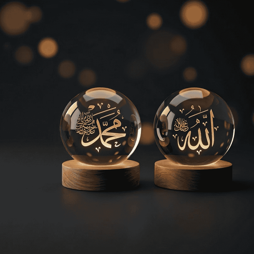 (Pack of 2) Islamic Crystal Ball Lamp – Allah & Muhammad (SAW) Engraved | Premium Noor Light