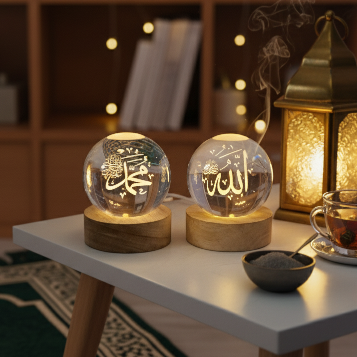 (Pack of 2) Islamic Crystal Ball Lamp – Allah & Muhammad (SAW) Engraved | Premium Noor Light