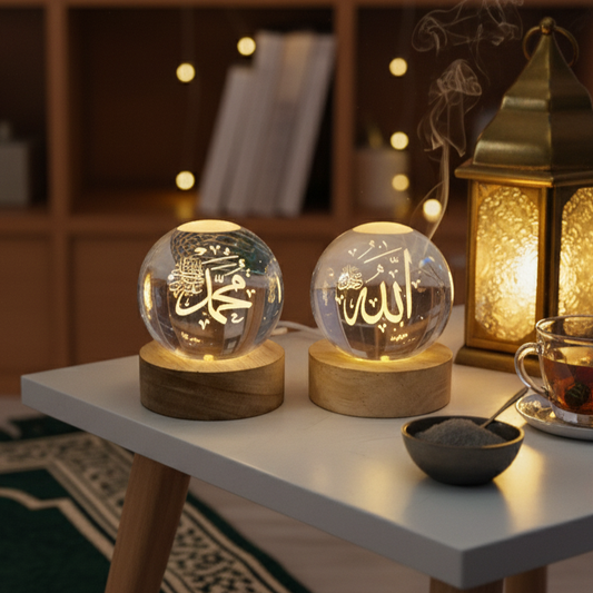 (Pack of 2) Islamic Crystal Ball Lamp – Allah & Muhammad (SAW) Engraved | Premium Noor Light