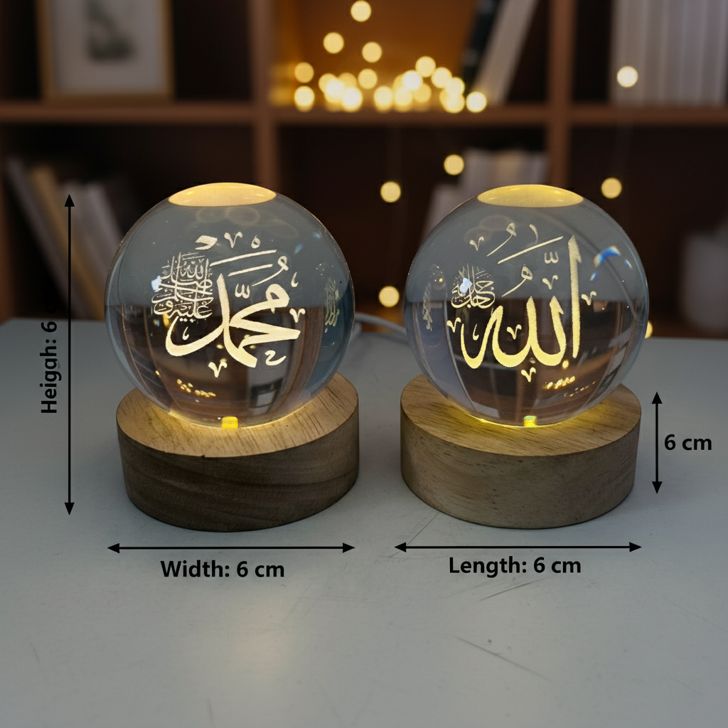 (Pack of 2) Islamic Crystal Ball Lamp – Allah & Muhammad (SAW) Engraved | Premium Noor Light