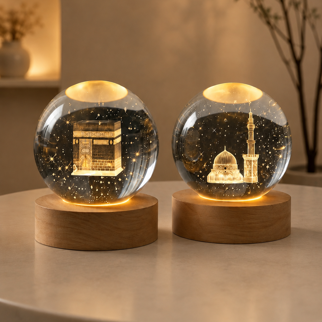 (Pack of 2) Islamic Crystal Ball Lamp – Kaba sharif & Mdina Shrif  Engraved | Premium Noor Light