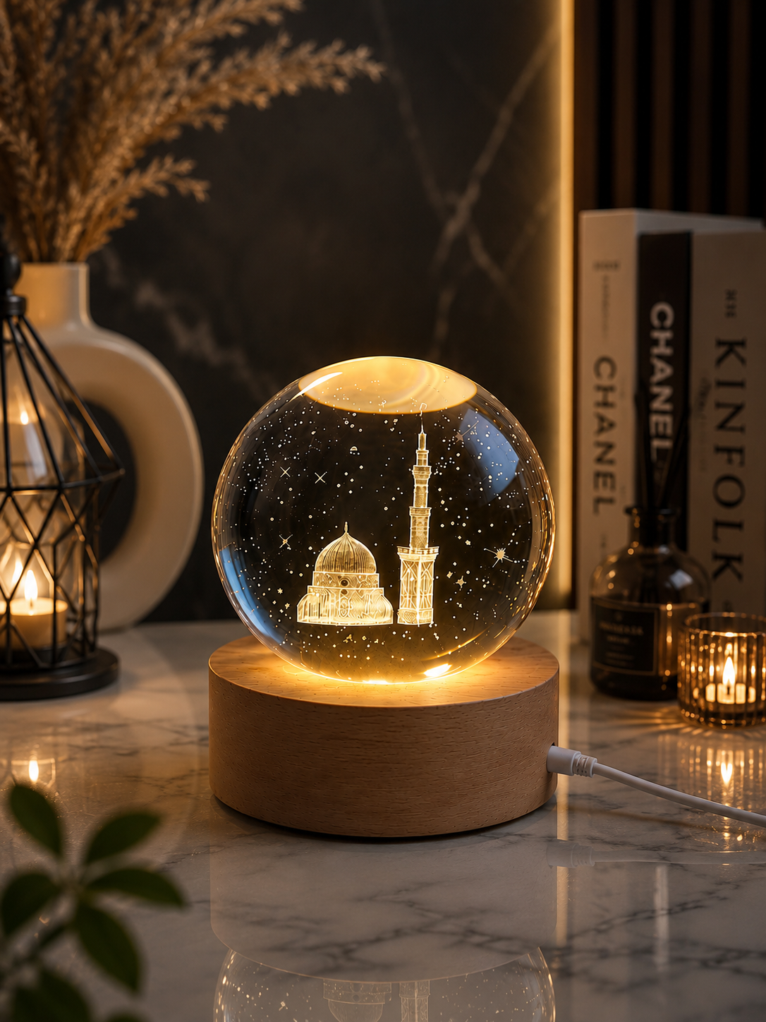 (Pack of 2) Islamic Crystal Ball Lamp – Kaba sharif & Mdina Shrif  Engraved | Premium Noor Light