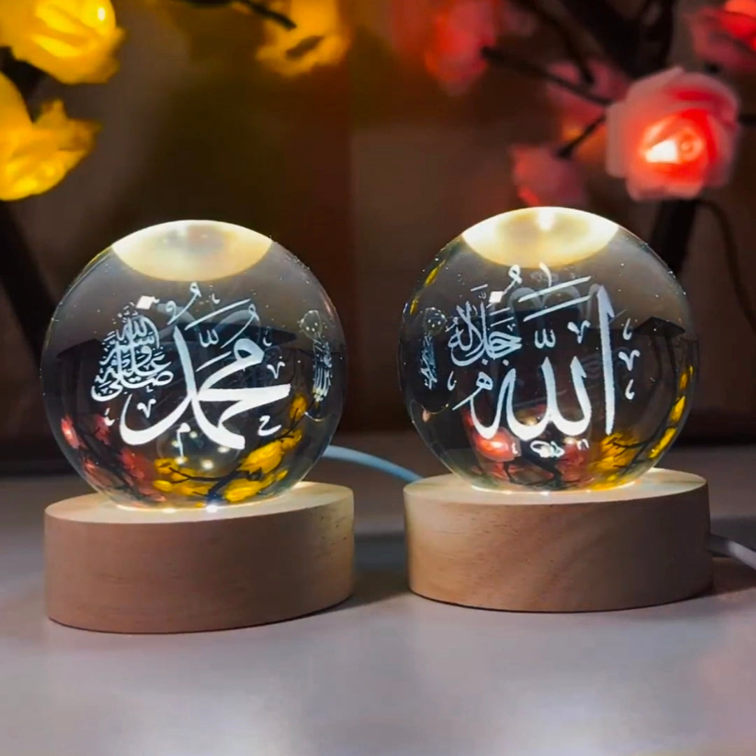 Islamic Crystal Ball Lamp – Allah & Muhammad (SAW) Engraved | Premium Noor Light (Pack of 2)