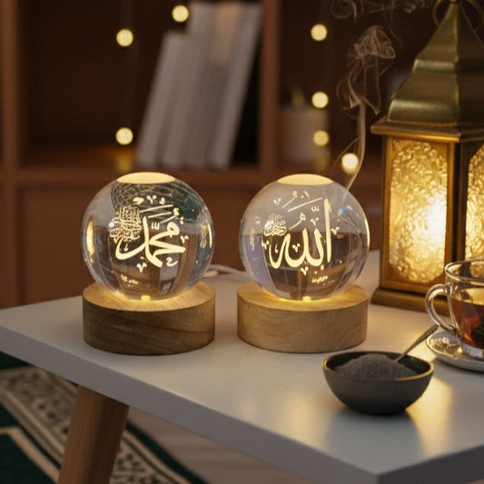 Islamic Crystal Ball Lamp – Allah & Muhammad (SAW) Engraved | Premium Noor Light (Pack of 2)