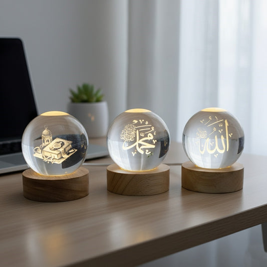 Islamic Crystal Ball Lamp – Allah, Muhammad (SAW) & Quran Engraved | Premium Noor Light (Pack of 3)