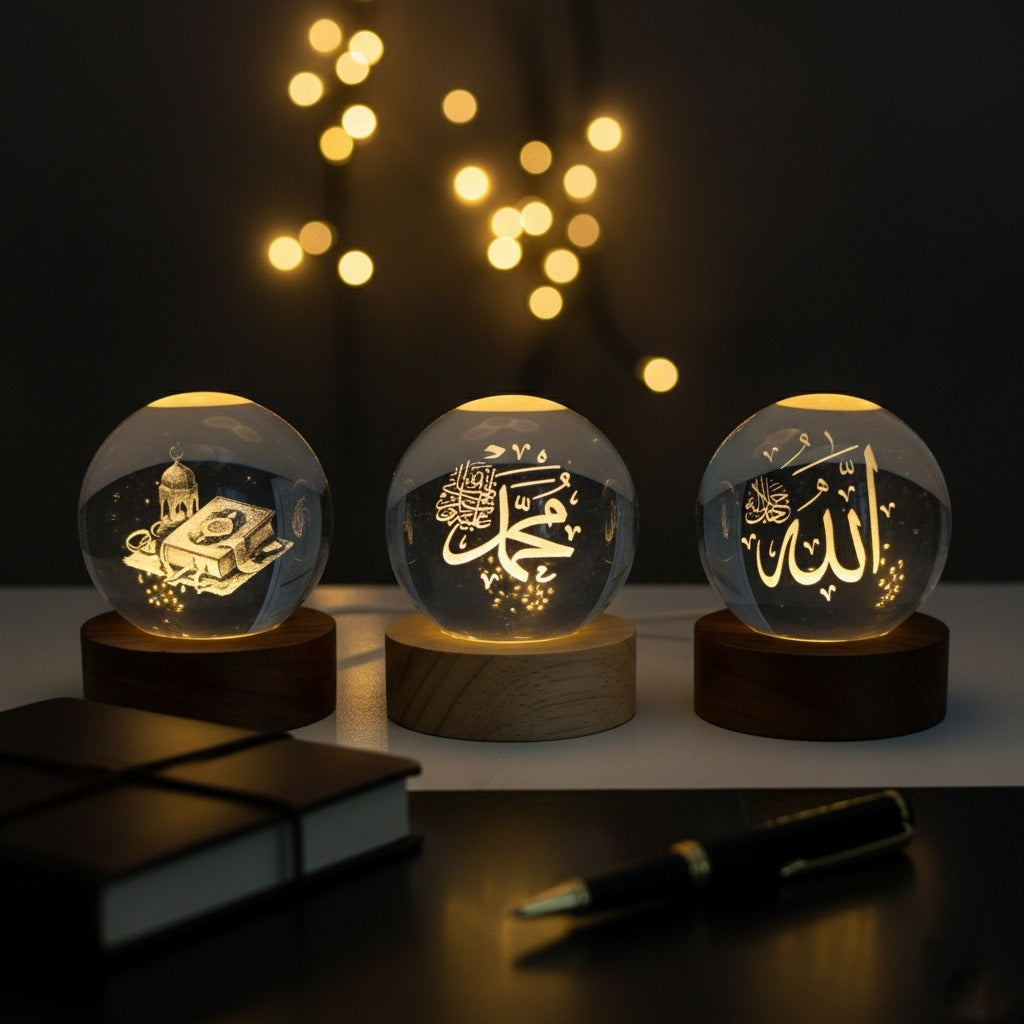Islamic Crystal Ball Lamp – Allah, Muhammad (SAW) & Quran Engraved | Premium Noor Light (Pack of 3)