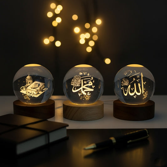 Islamic Crystal Ball Lamp – Allah, Muhammad (SAW) & Quran Engraved | Premium Noor Light (Pack of 3)