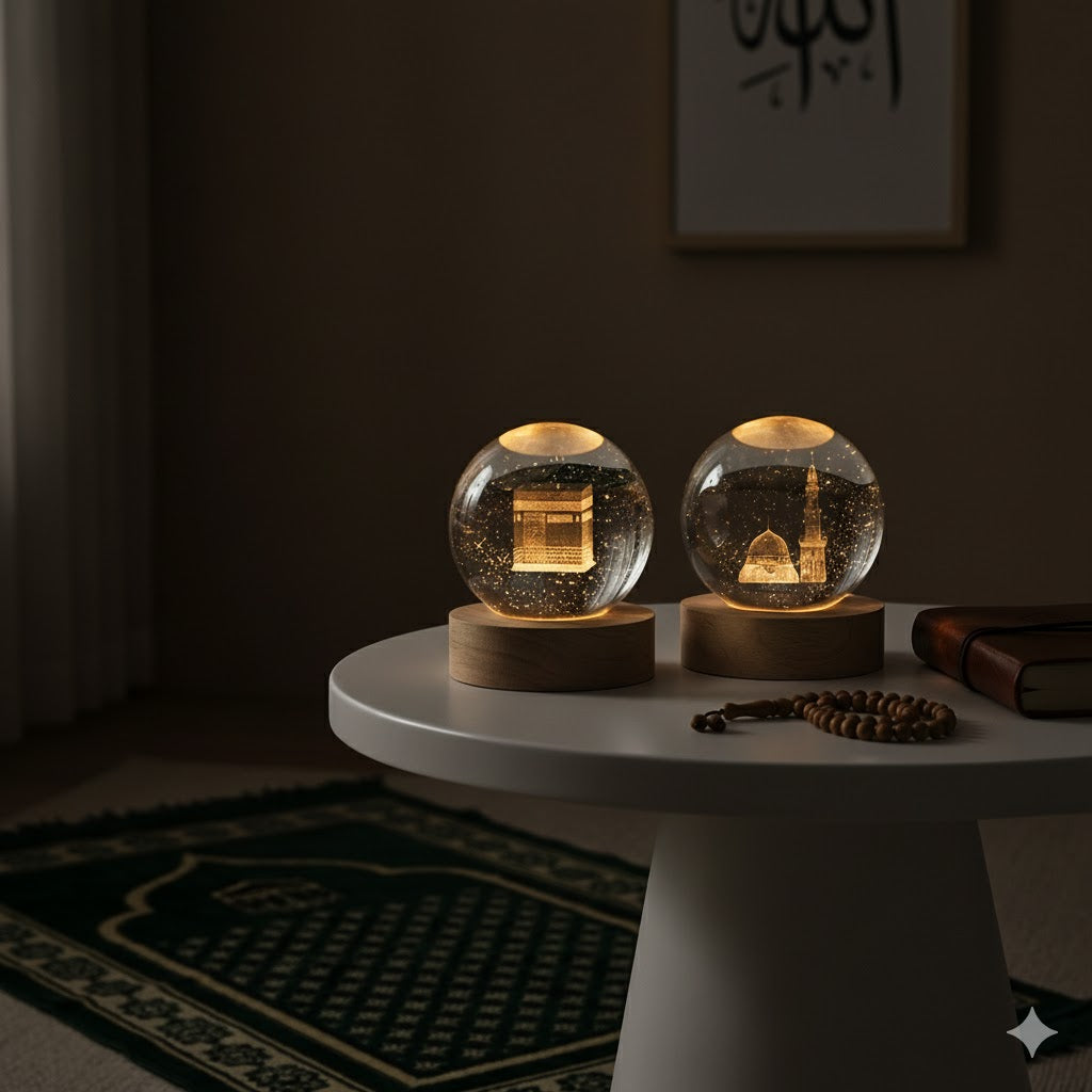 (Pack of 2) Islamic Crystal Ball Lamp – Kaba Shrif And Mdina Shrif   Engraved | Premium Noor Light
