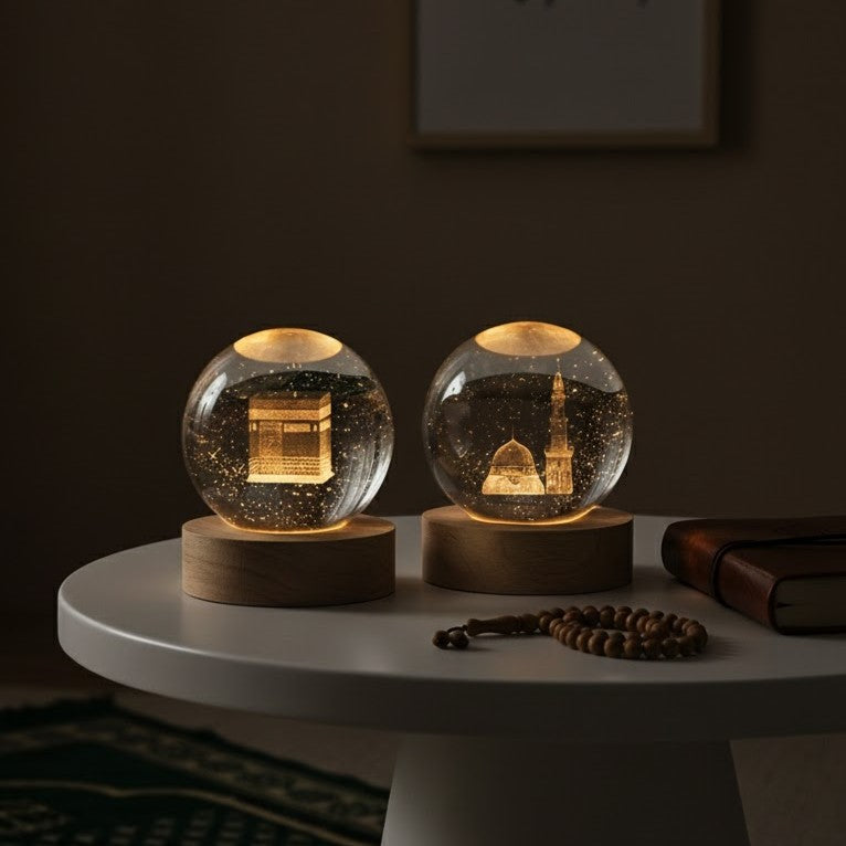 (Pack of 2) Islamic Crystal Ball Lamp – Kaba Shrif And Mdina Shrif   Engraved | Premium Noor Light